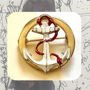 1980s vintage gold, white, & red nautical anchor ⚓️ brooch pin